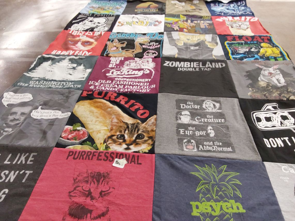 T-shirt quilt with comedy, food themes by Chris from TX