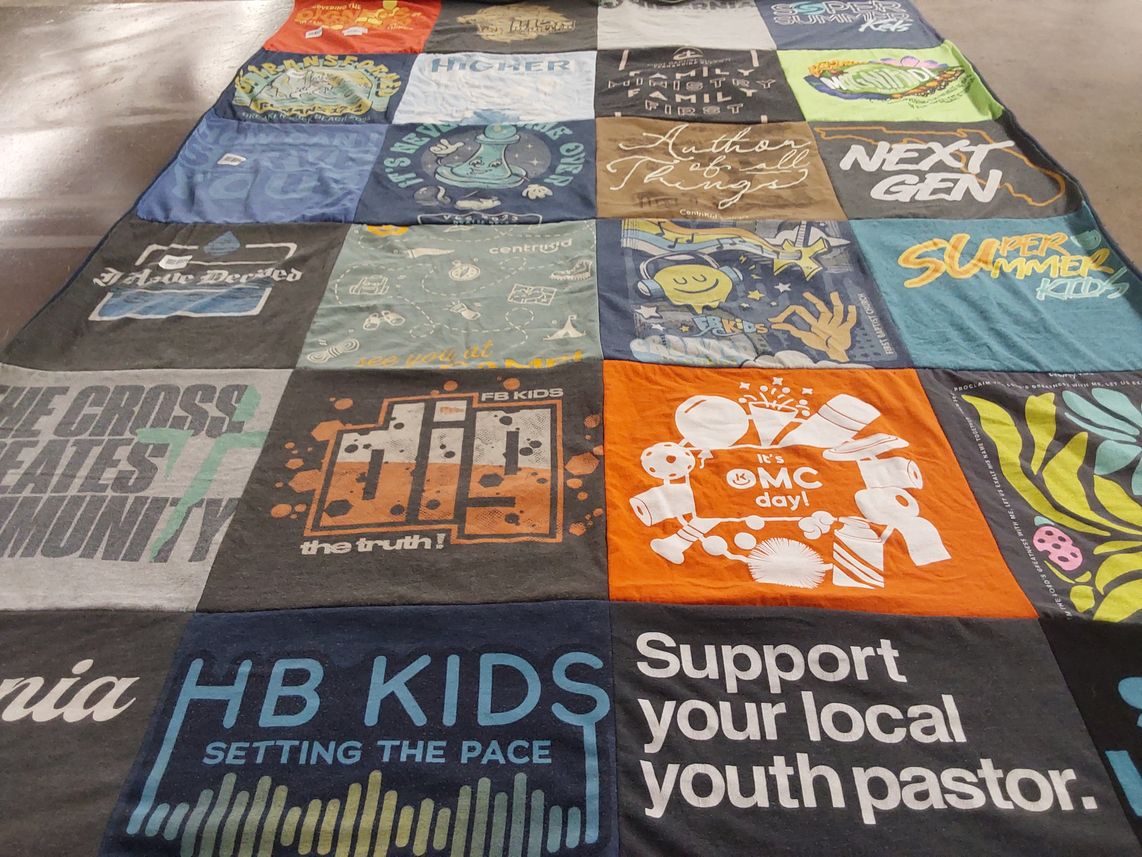 T-shirt quilt with youth ministry, community service themes by Kalee from FL