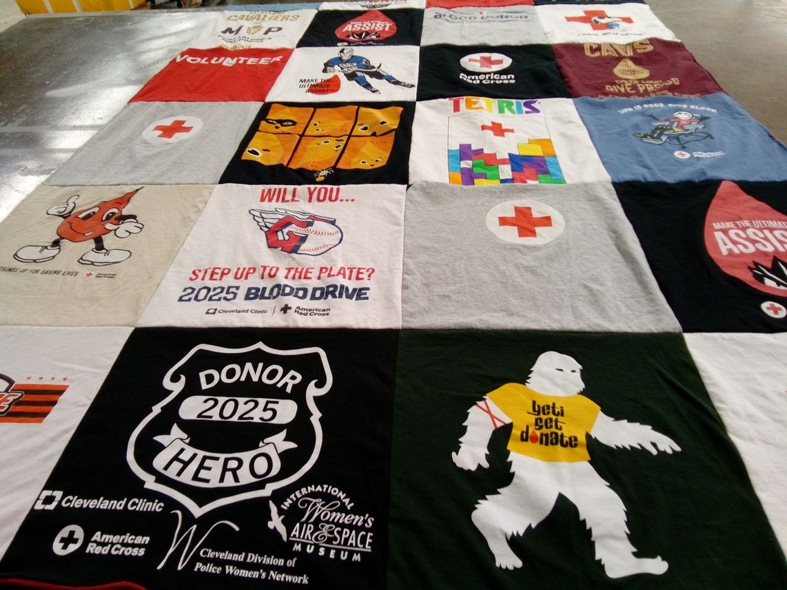 T-shirt quilt with blood donation, volunteering themes by Tracy from OH