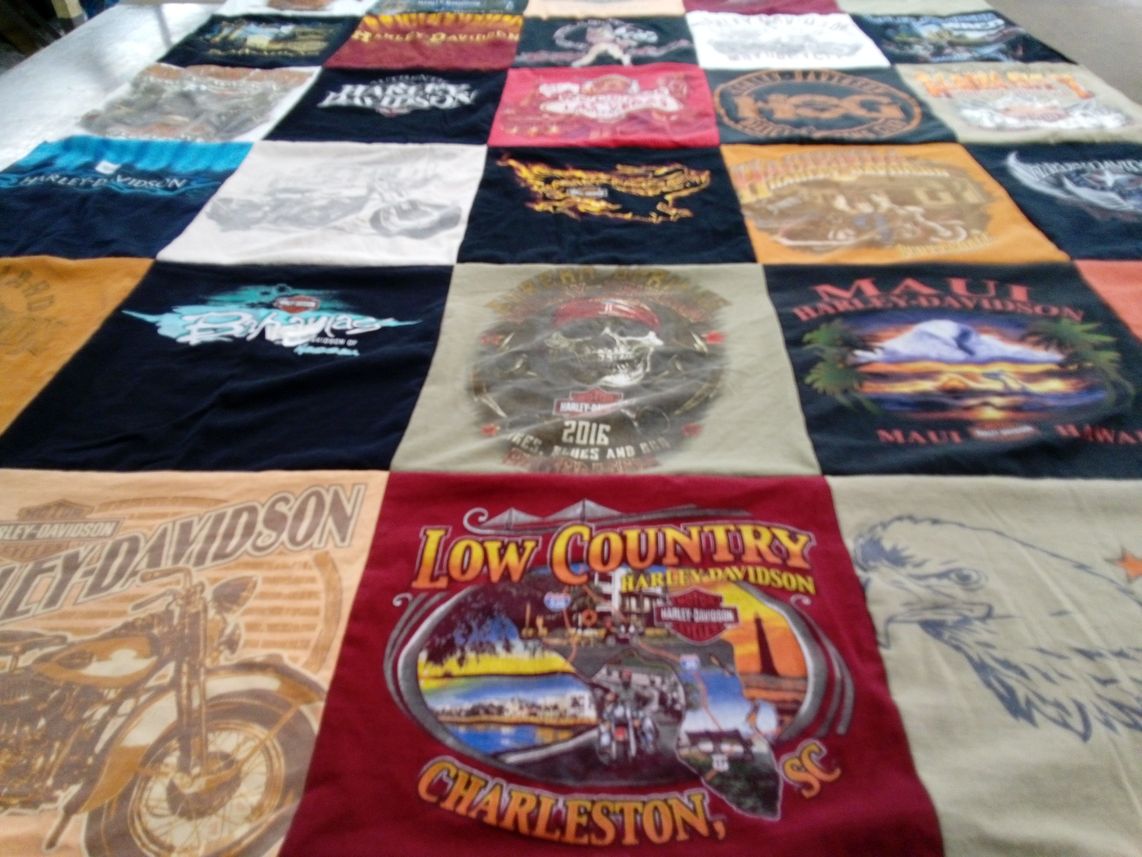 T-shirt quilt with motorcycles, biking themes by Kelly from OK