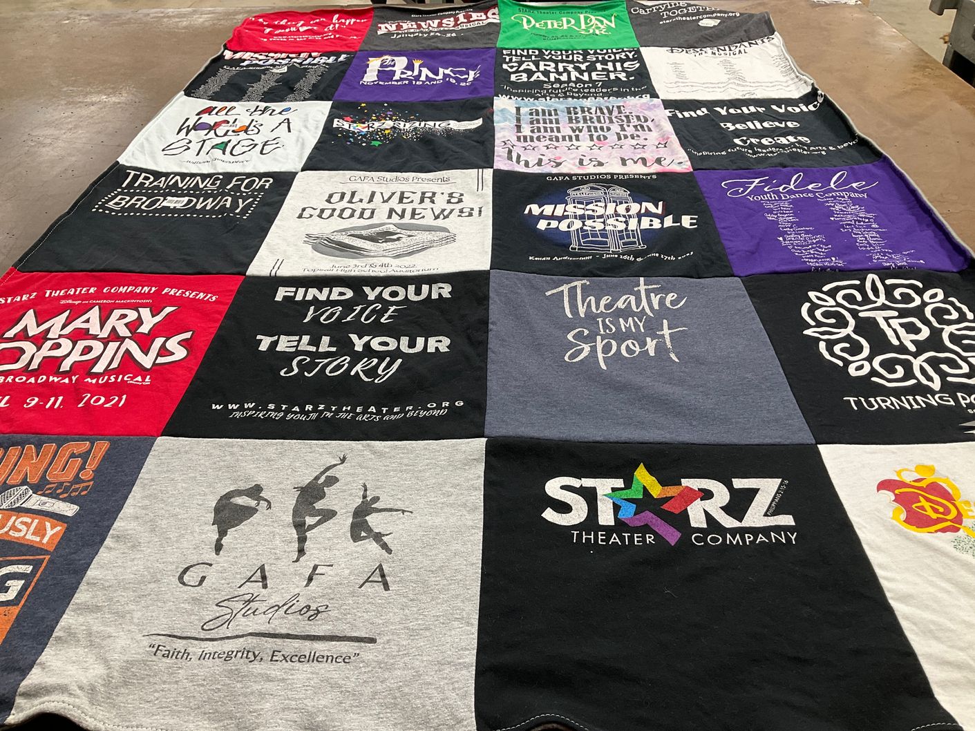 T-shirt quilt with theatre, musicals themes by Aimee from NC