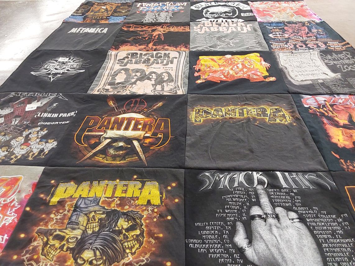 T-shirt quilt with rock music, heavy metal themes by Rachel from NV