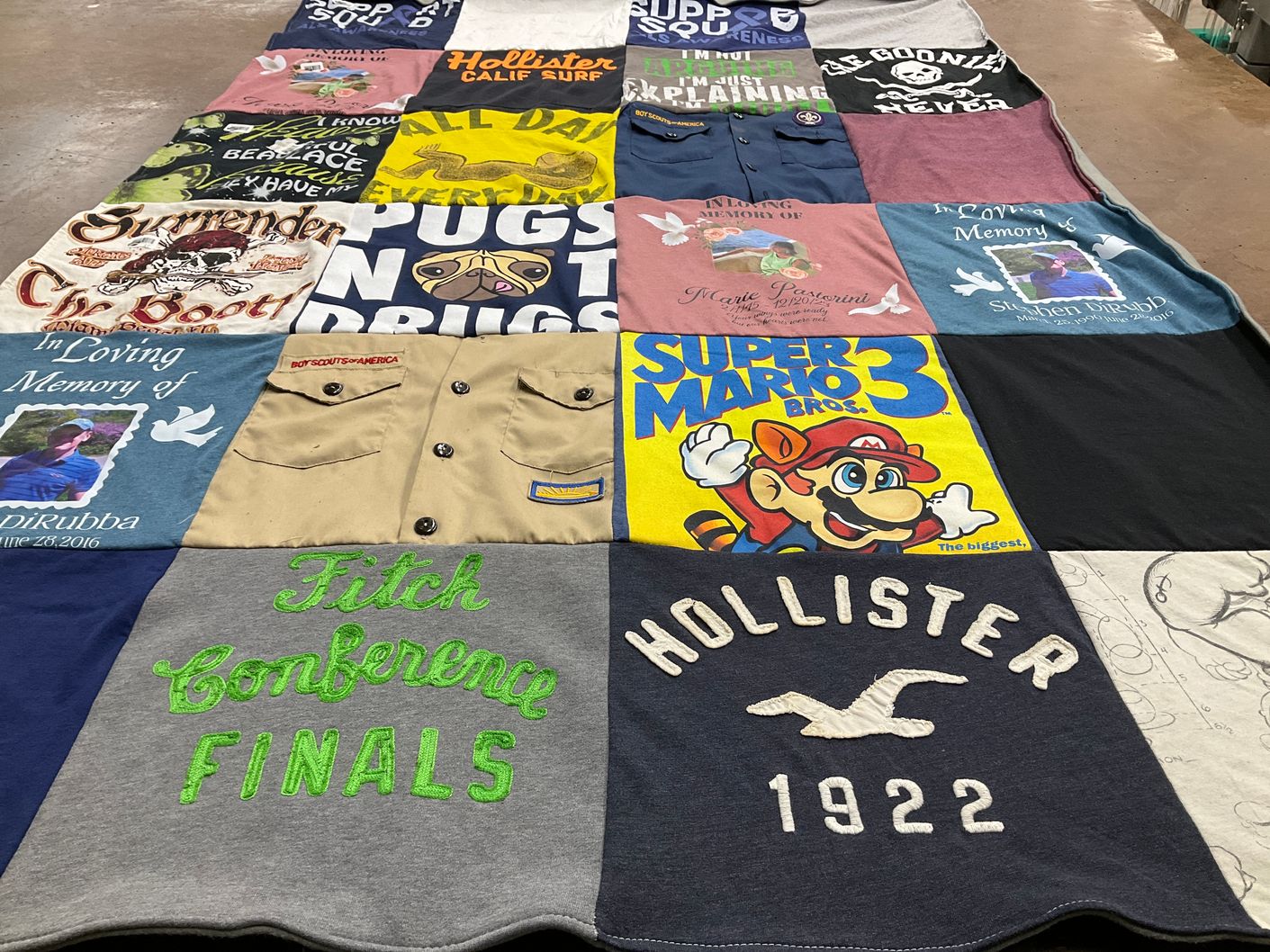 T-shirt quilt with gaming, surfing themes by Wendy from NY