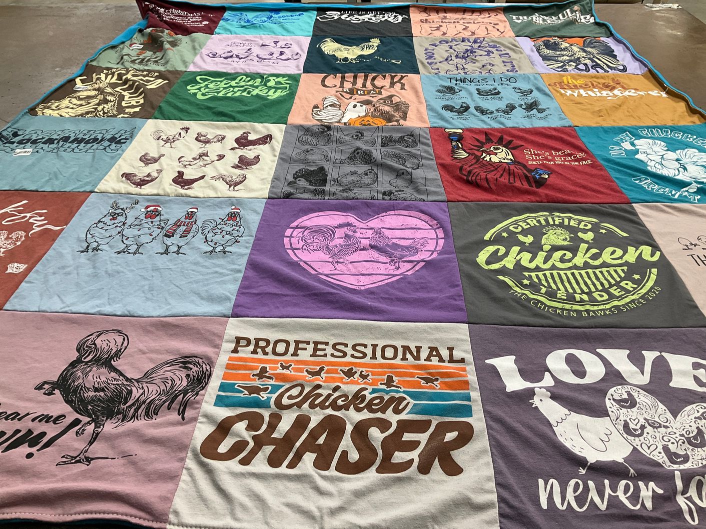 T-shirt quilt with chickens, animals themes by Holly from NY