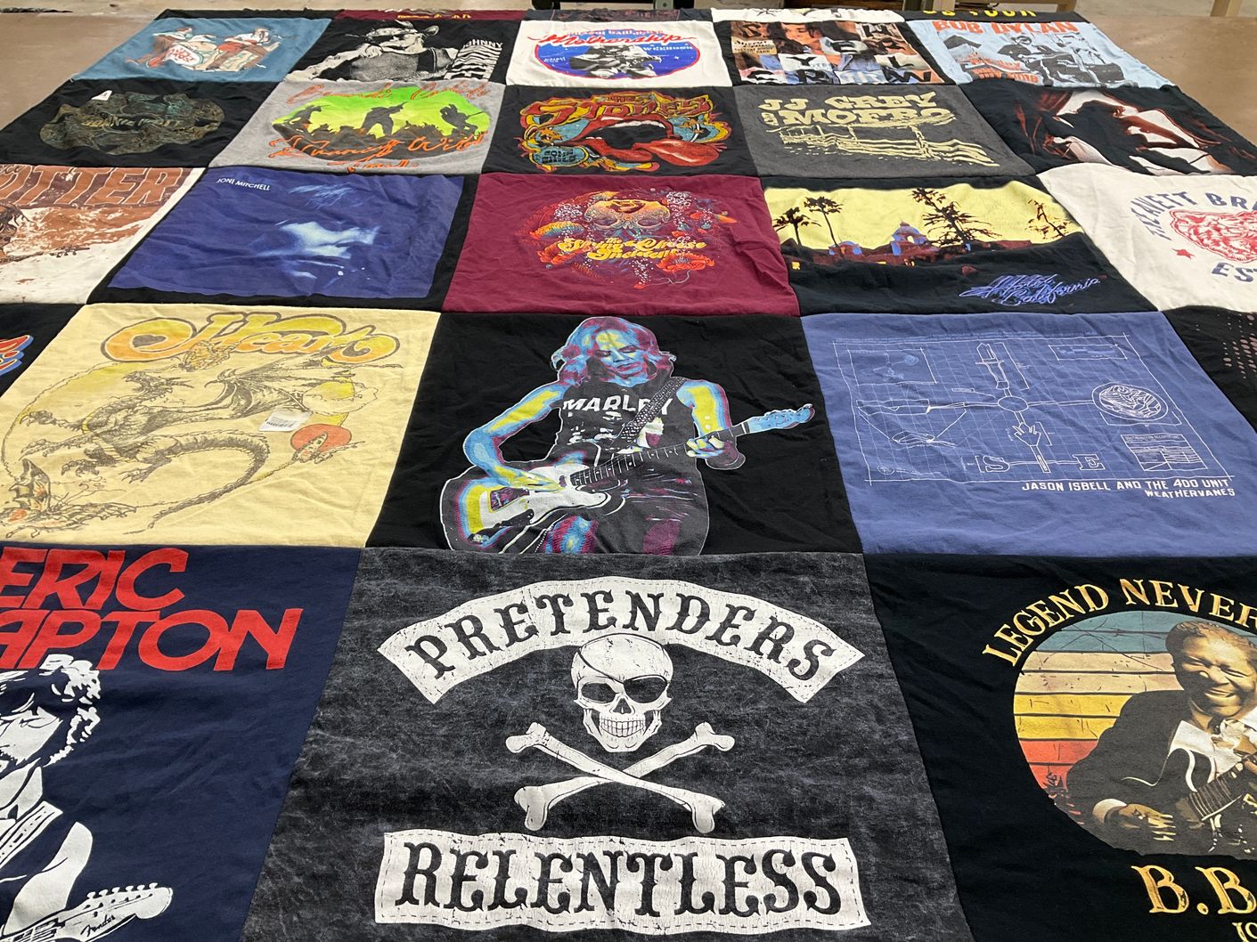 T-shirt quilt with music, rock themes by Lori from FL