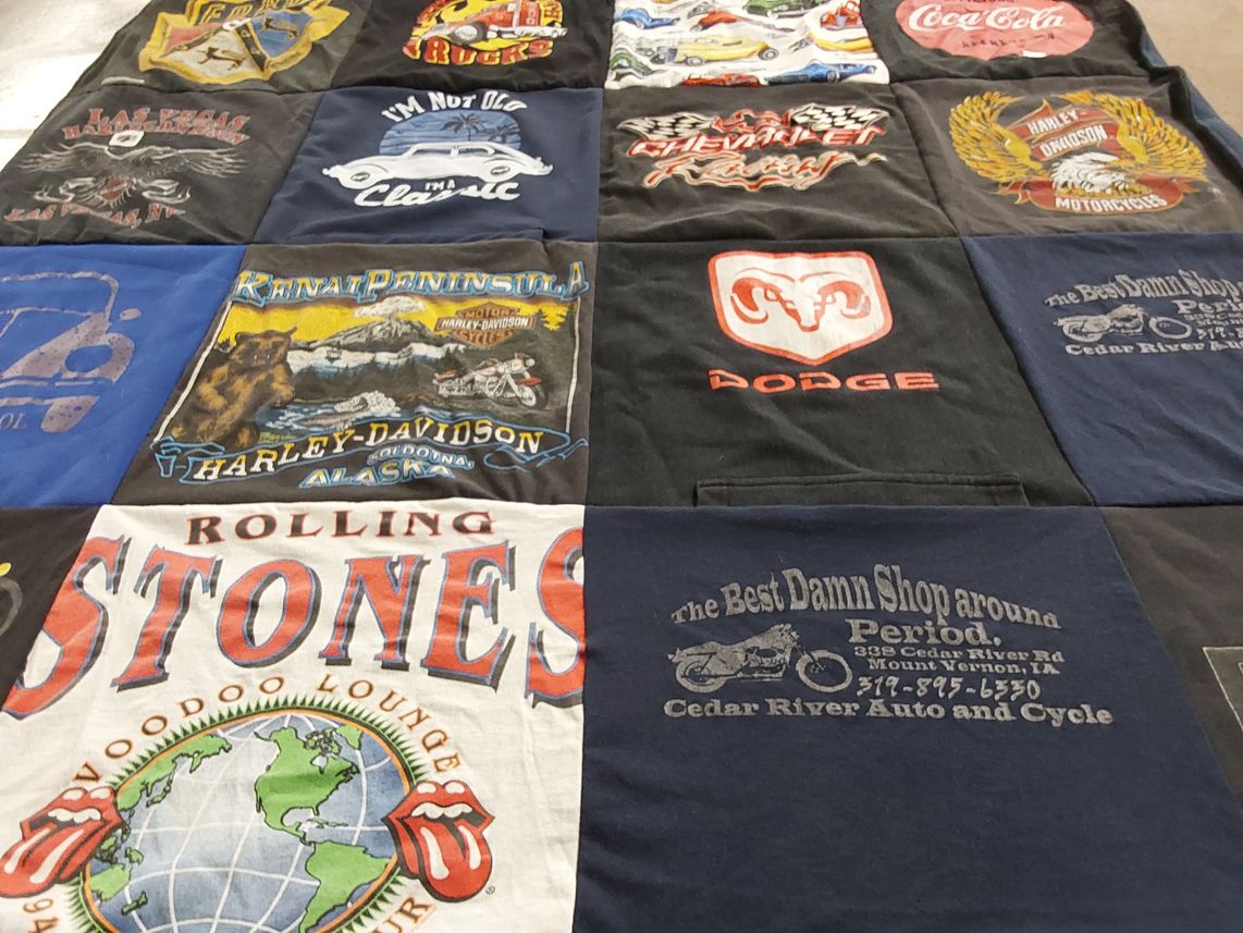 T-shirt quilt with cars, motorcycles themes by Paula from IA
