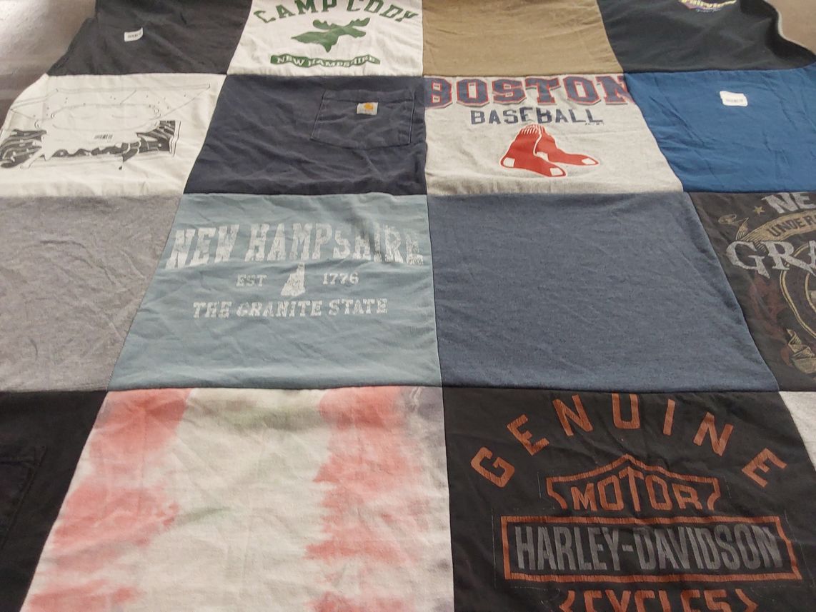 T-shirt quilt with camping, baseball themes by Cheryl from NH