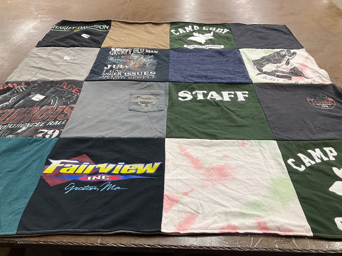 T-shirt quilt with motorcycles, camping themes by Cheryl from NH