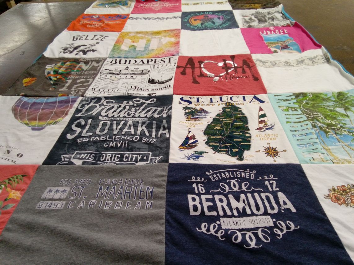 T-shirt quilt with travel, culture themes by Rennee from NV