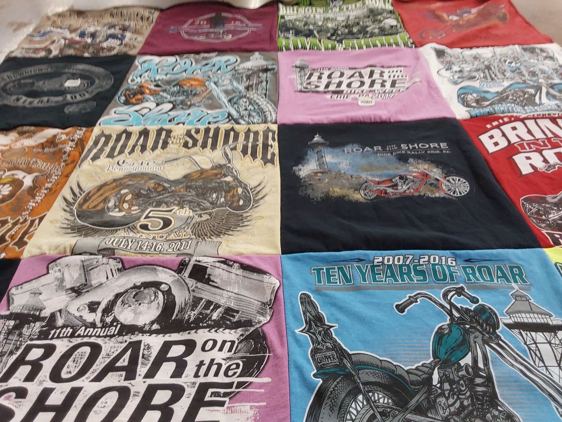 T-shirt quilt with motorcycles, rallies themes by Jeffery from VT