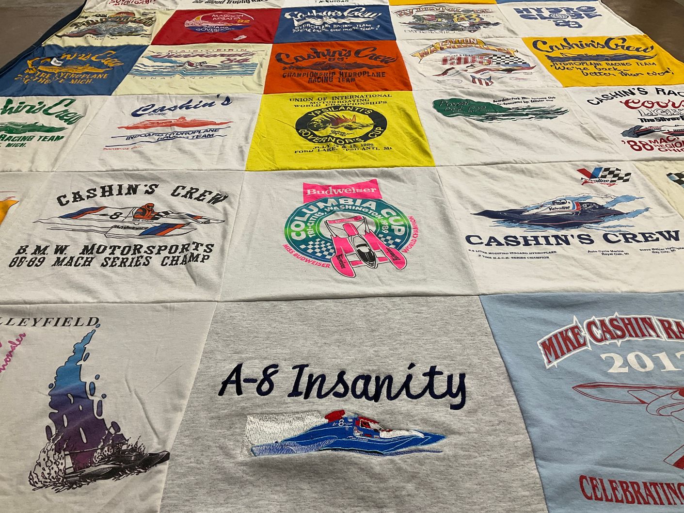 T-shirt quilt with boat racing, motorsports themes by Karen from MI