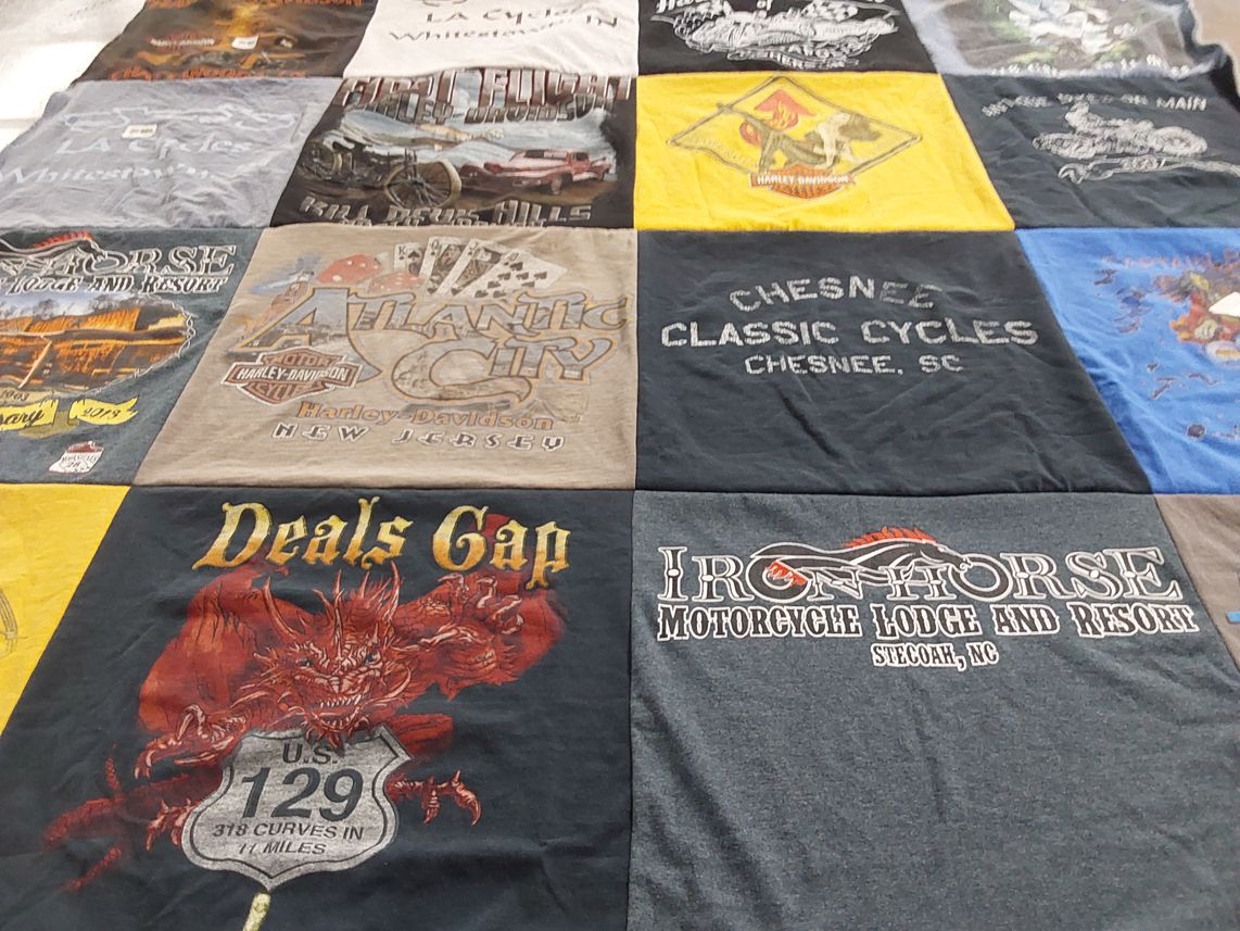 T-shirt quilt with motorcycles, biking themes by Michelle from FL