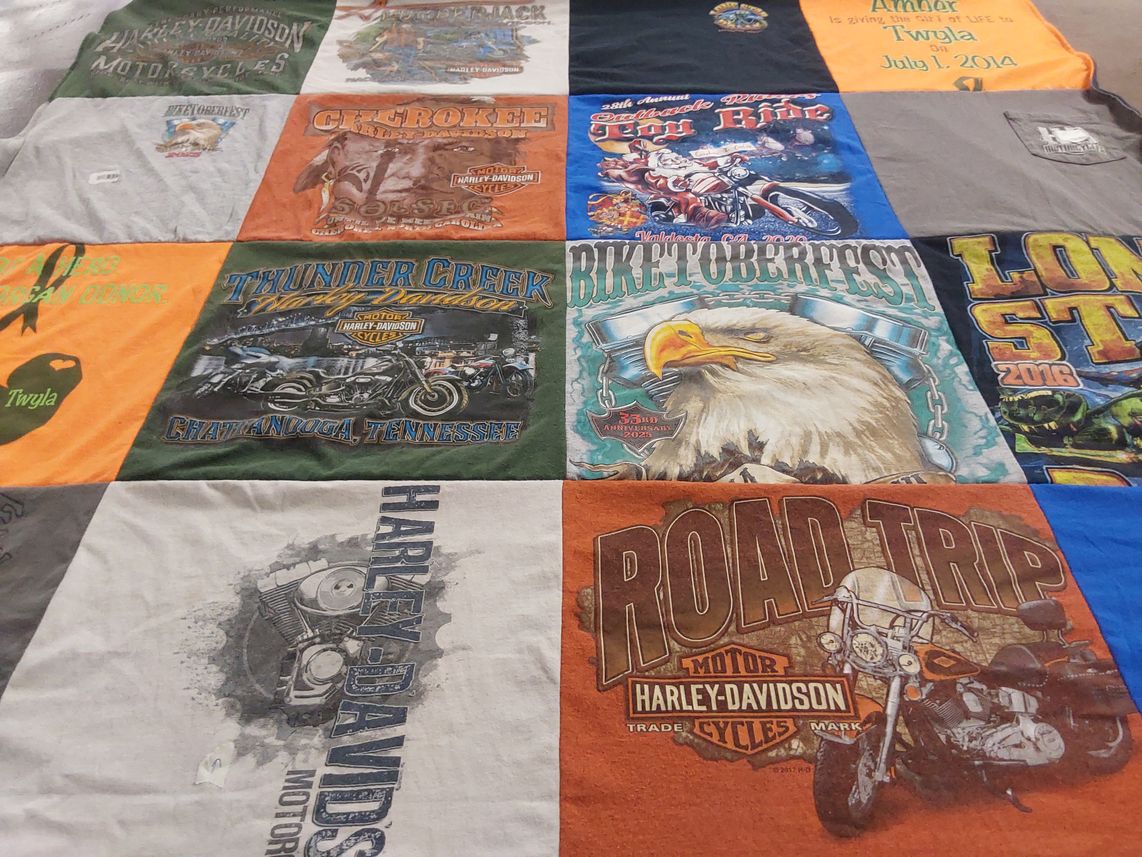 T-shirt quilt with motorcycles, biking themes by David from TX