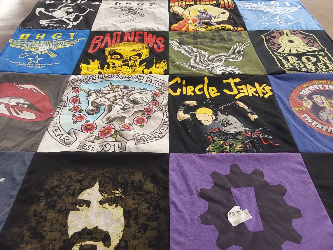 T-shirt quilt with music, tattoos themes by Donald from NC