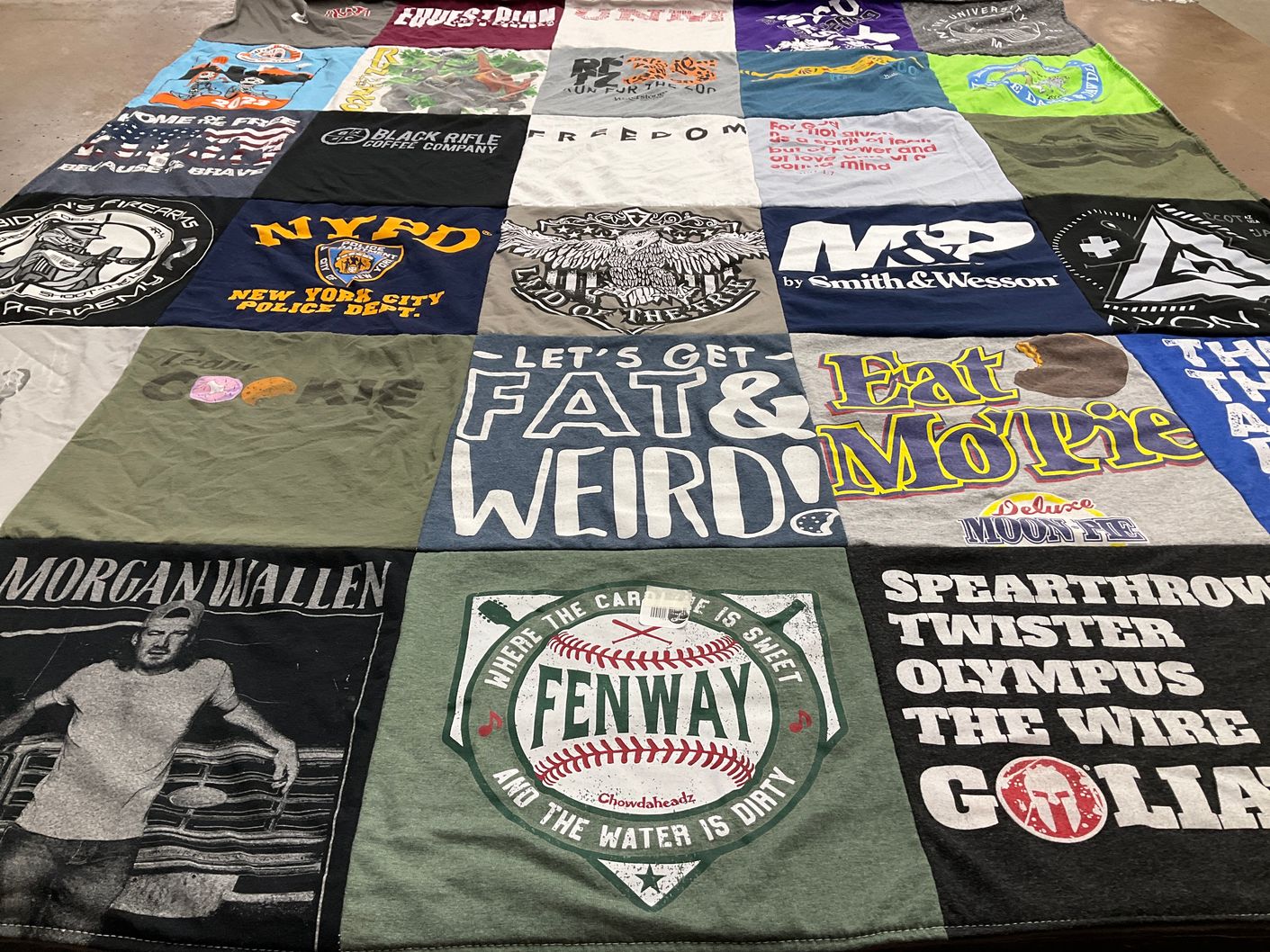 T-shirt quilt with music, firefighting themes by Casey from NM