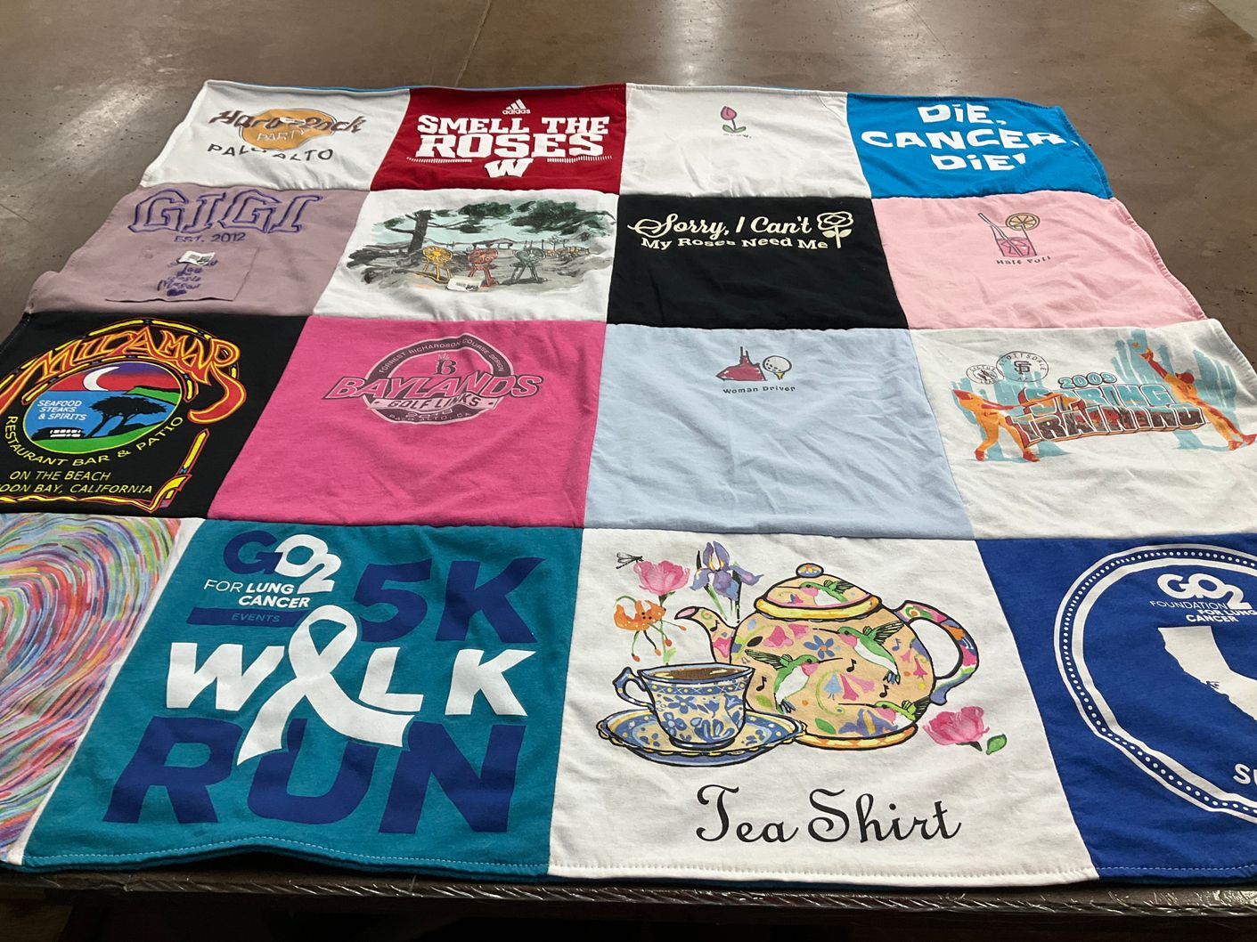 T-shirt quilt with cancer awareness, fundraising themes by Jane from CA