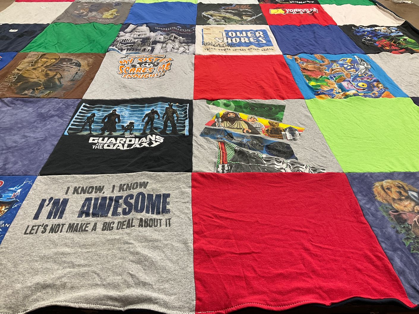 T-shirt quilt with movies, superheroes themes by Michael from IL
