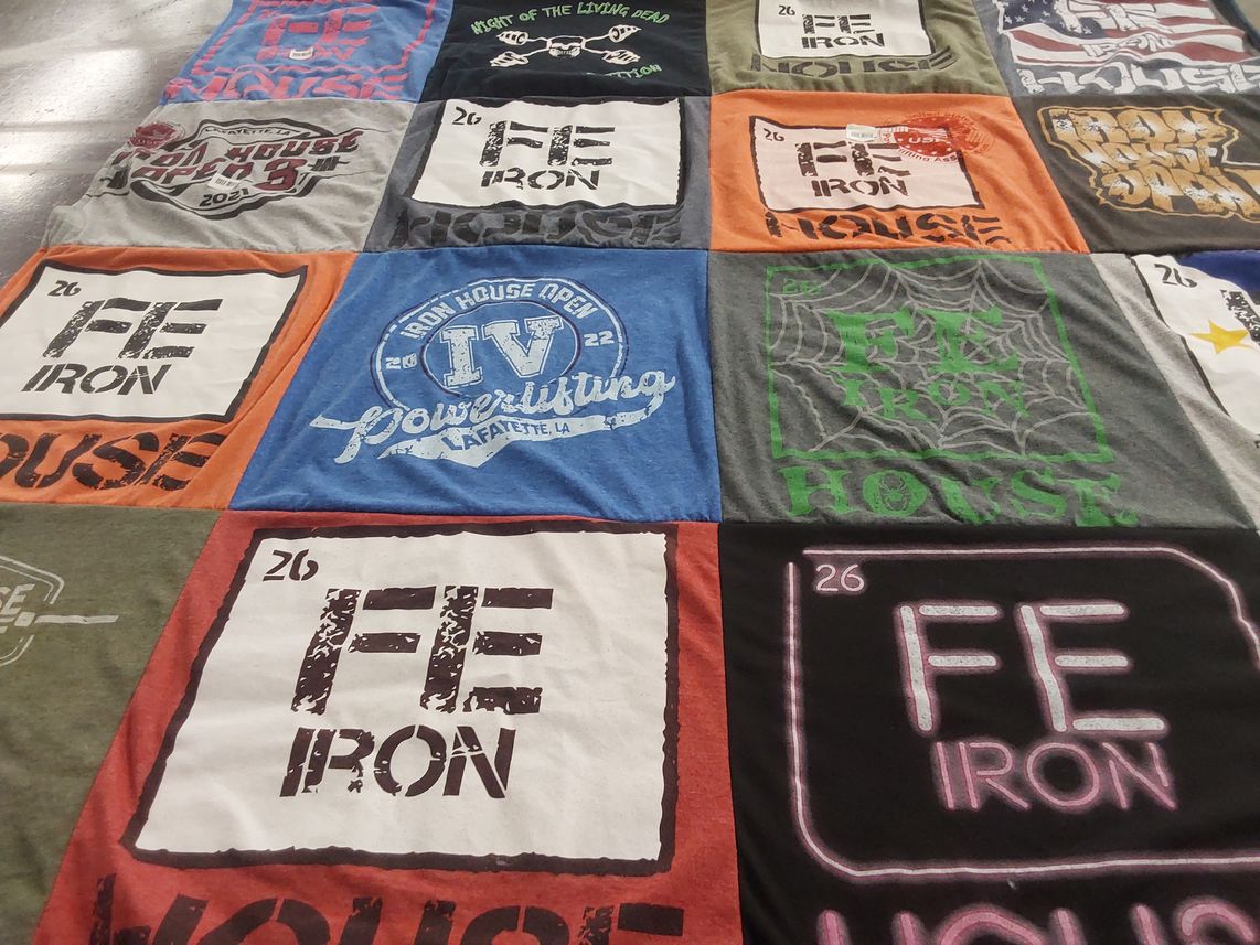 T-shirt quilt with powerlifting themes by Jennifer from LA