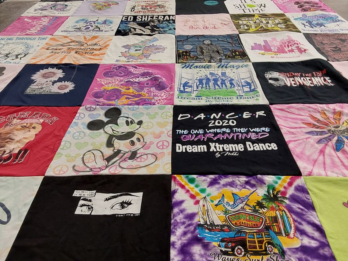 T-shirt quilt with music, dance themes by Tara from NJ