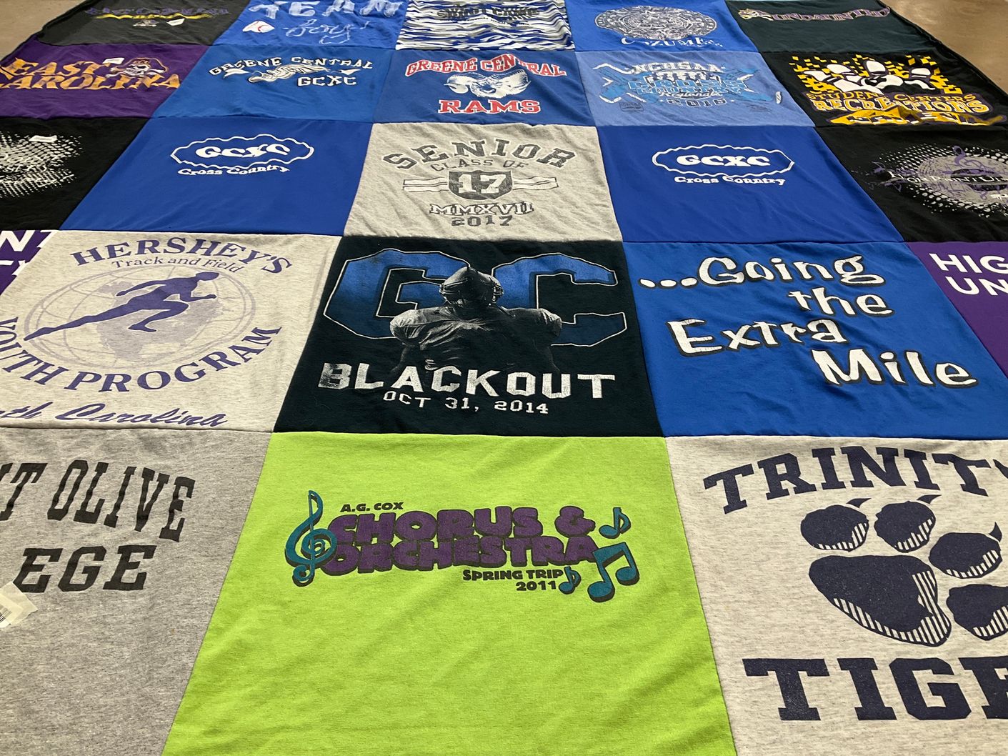 T-shirt quilt featuring green central high school rams, trinity high school tigers by Tracy from NC