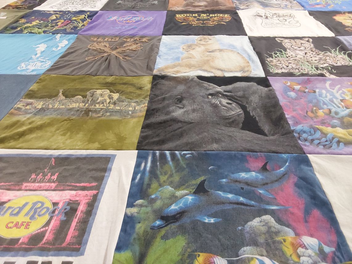 T-shirt quilt with wildlife, marine life themes by Mary from KS