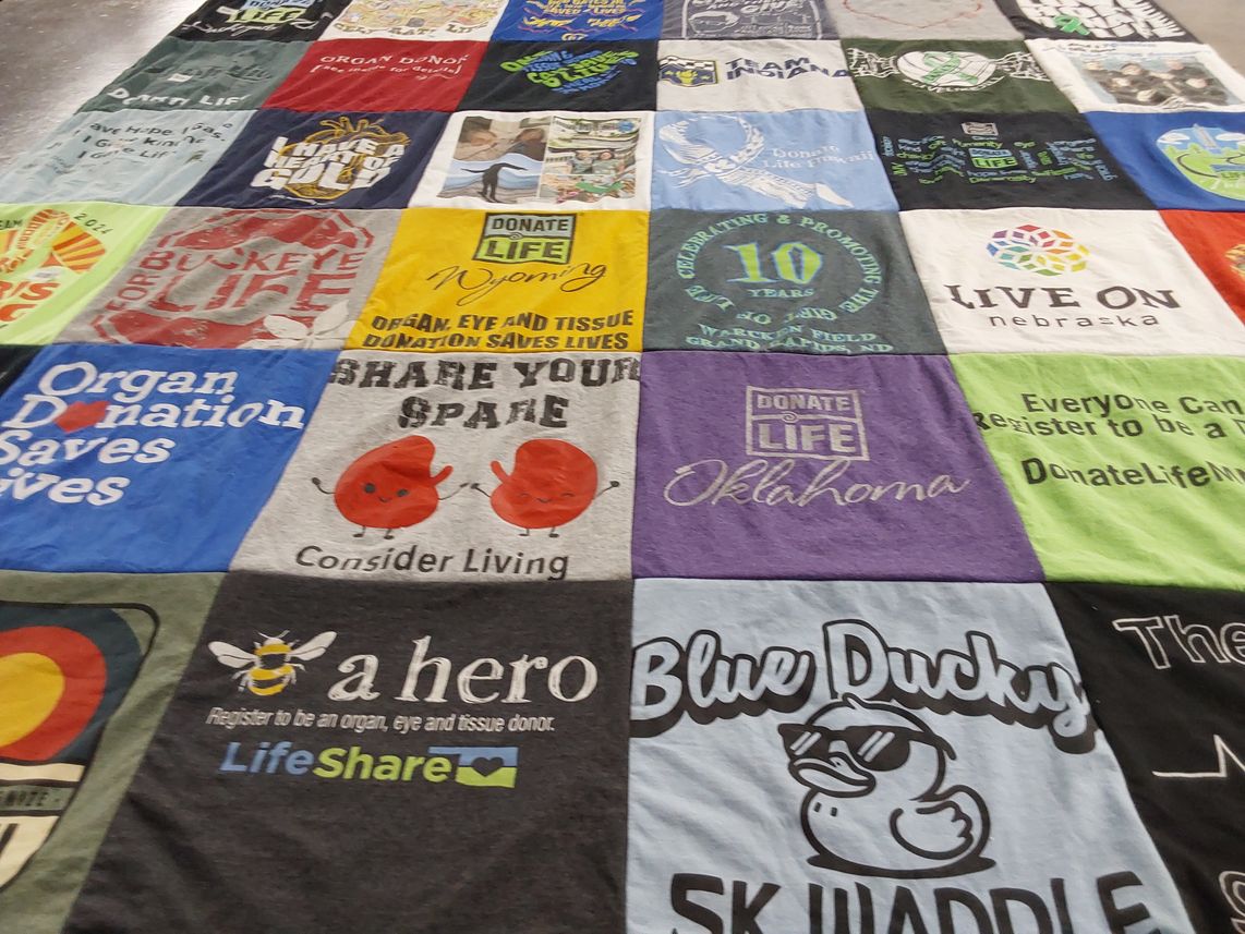 T-shirt quilt with organ donation awareness, health advocacy themes by Kalina from NE