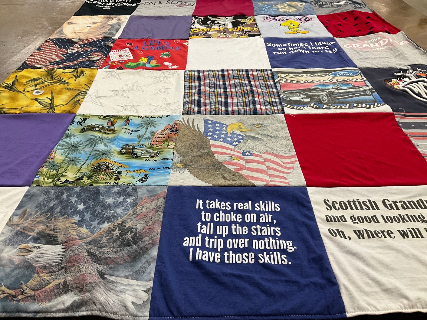 T-shirt quilt with patriotism, humor themes by Elizabeth from CA