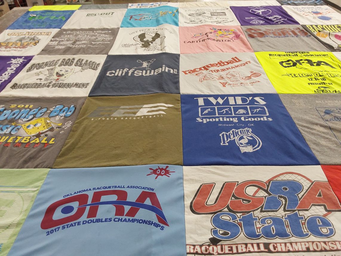 T-shirt quilt with racquetball, sports themes by Kim from OK