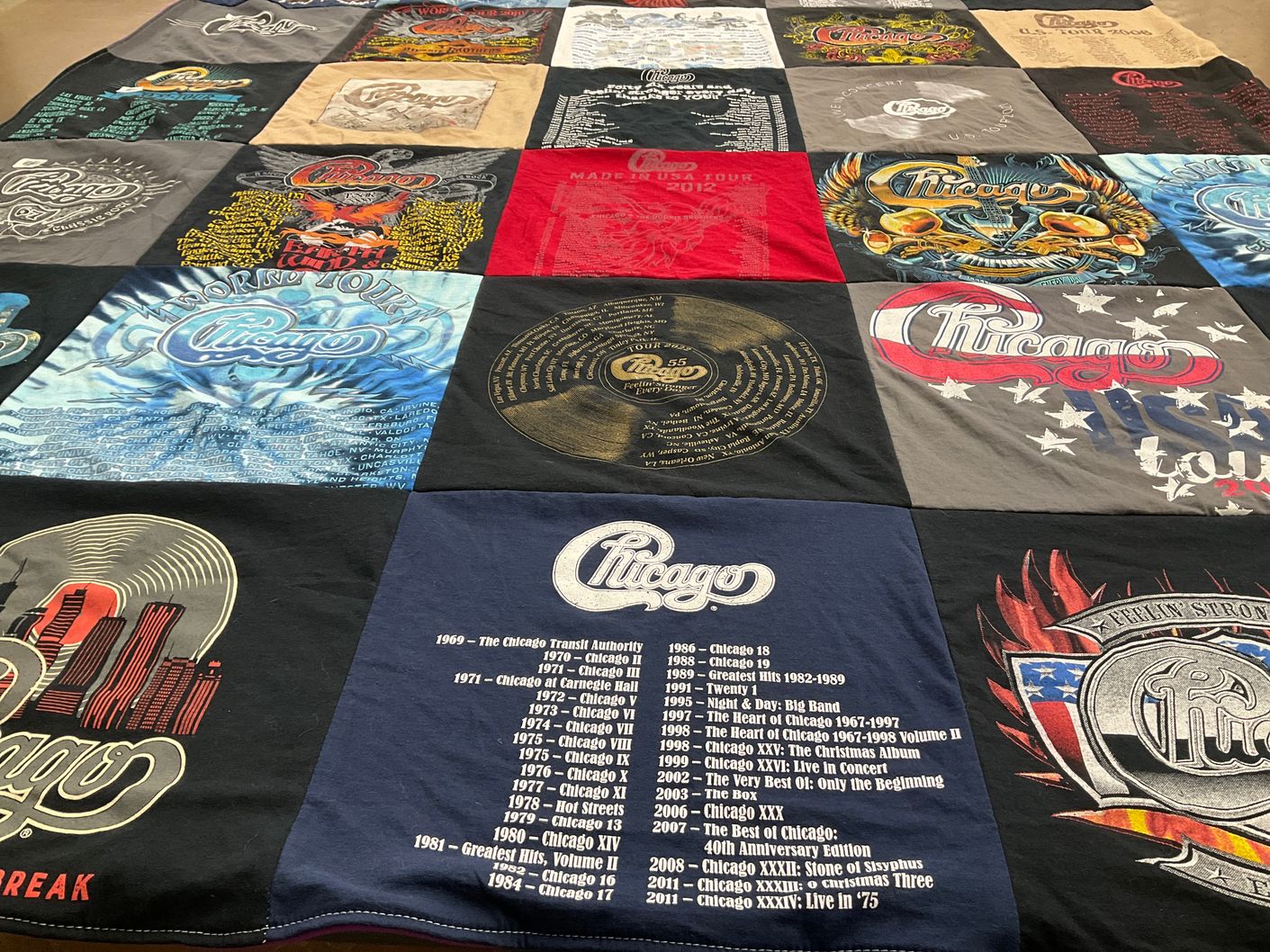 T-shirt quilt with music, concerts themes by Scot from MA