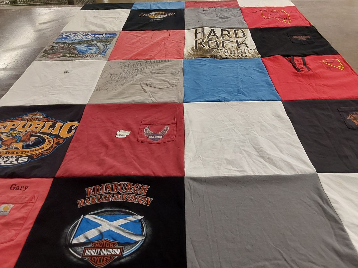 T-shirt quilt with motorcycles, travel themes by Wendy from AZ