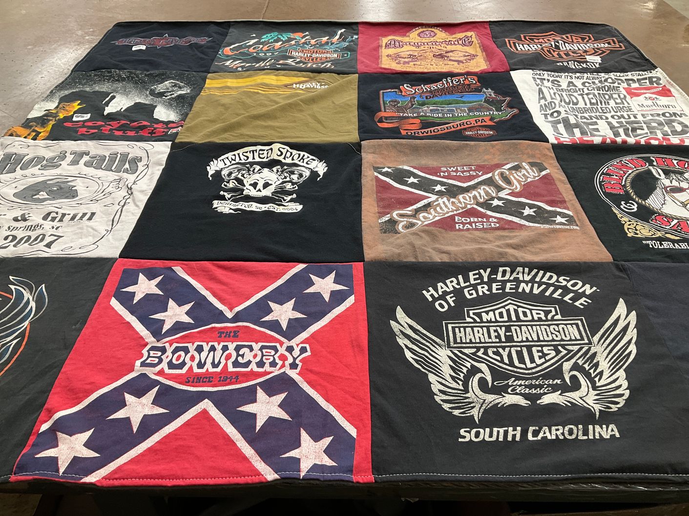 T-shirt quilt with motorcycles, biker culture themes by Sarah from PA