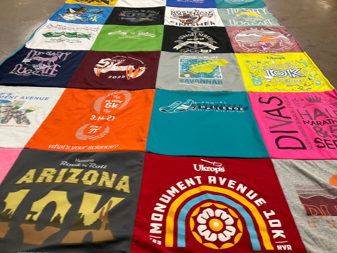 T-shirt quilt with running, fitness themes by Susan from VA
