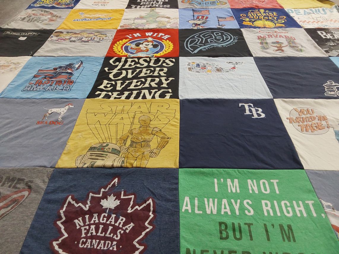 T-shirt quilt with christianity, superheroes themes by Jennifer from FL