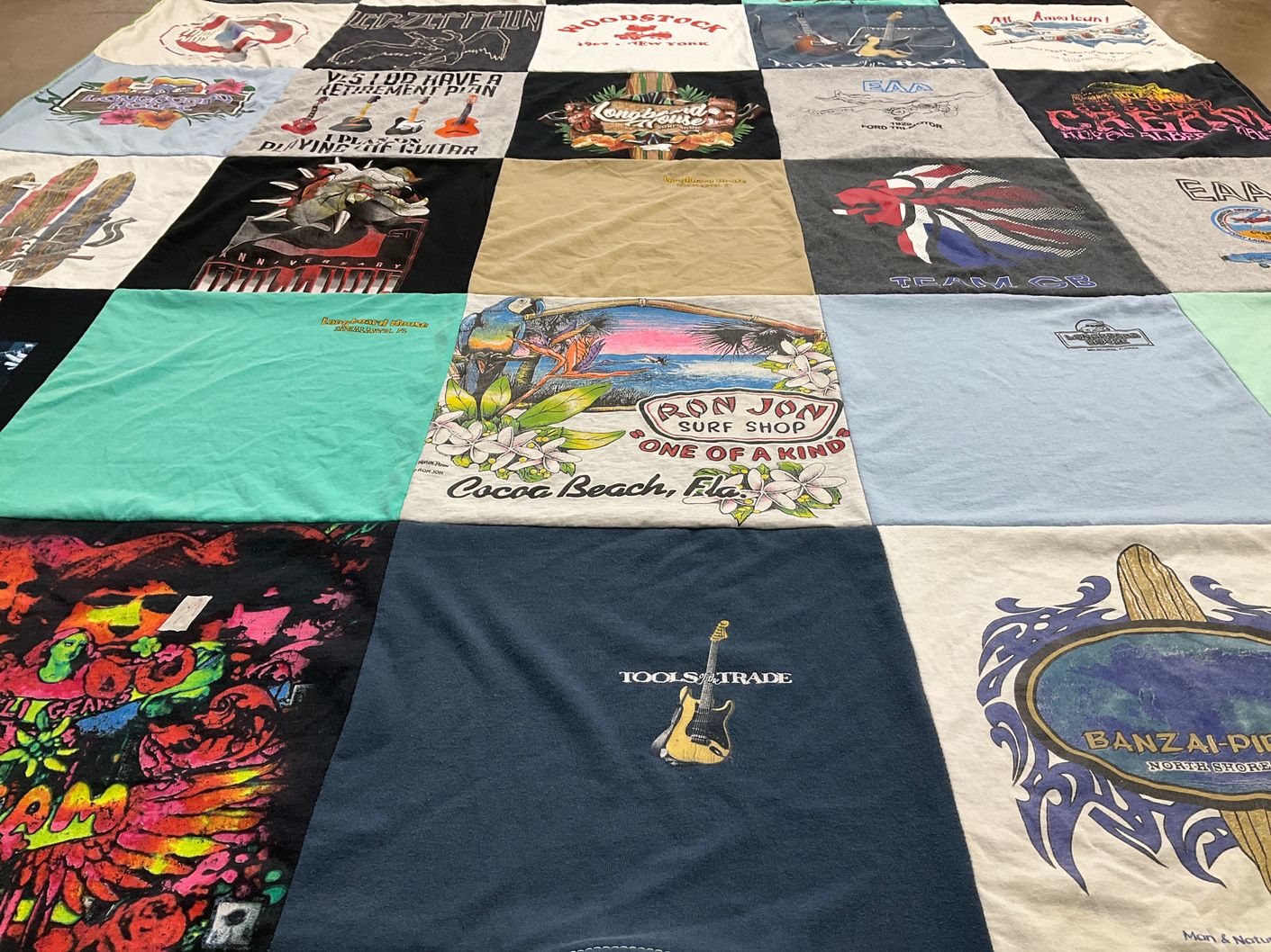 T-shirt quilt with surfing, music themes by Melanie from FL