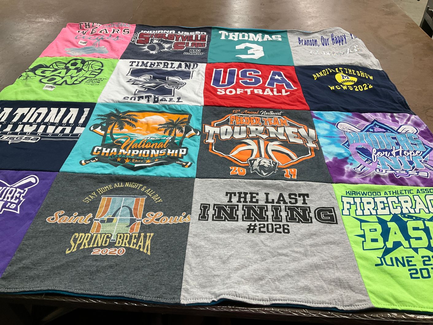 T-shirt quilt with softball, basketball themes by Jamie from MO