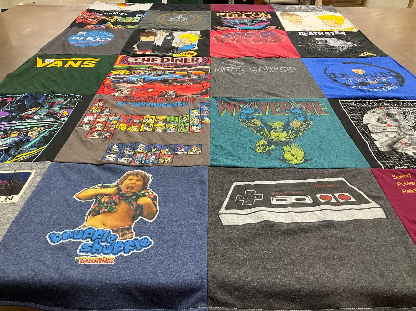 T-shirt quilt with video games, movies themes by Emily from WV
