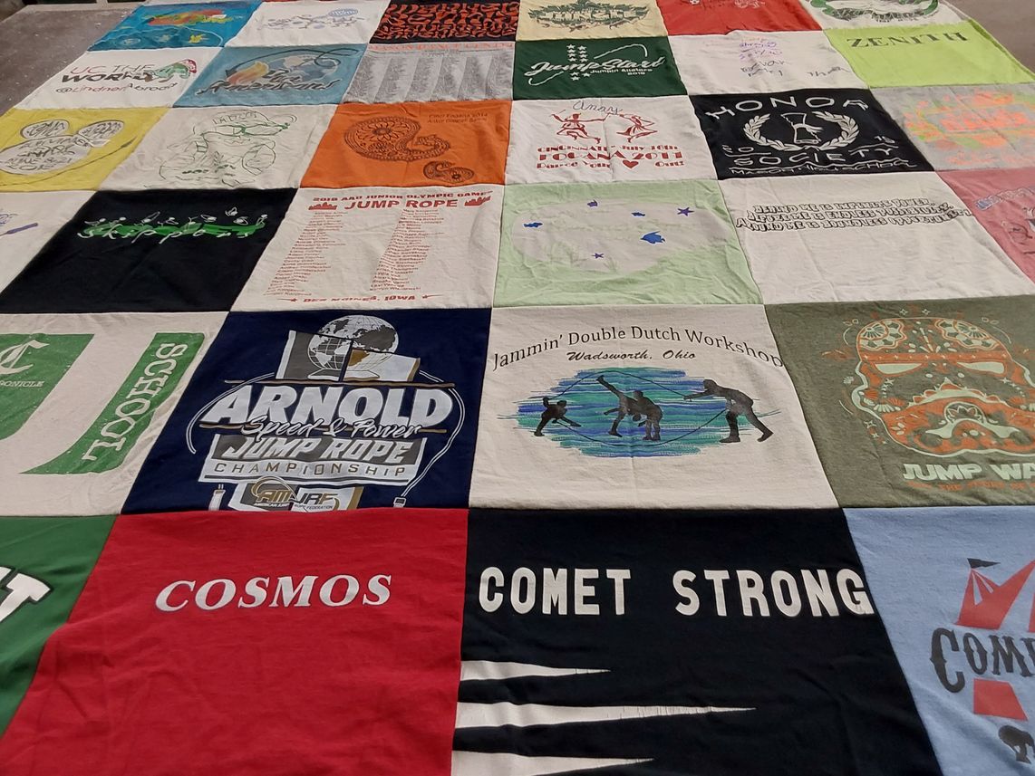 T-shirt quilt with jump rope, sports themes by Rupali from OH