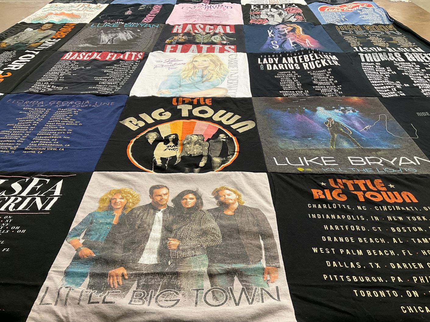 T-shirt quilt with country music, concerts themes by Sarah from PA