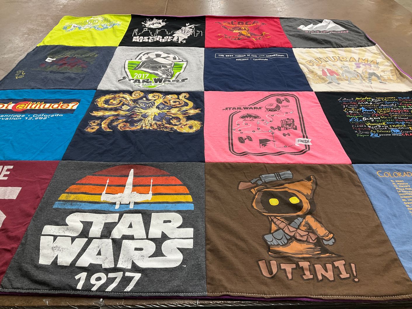 T-shirt quilt with star wars, futurama themes by mollie from TN