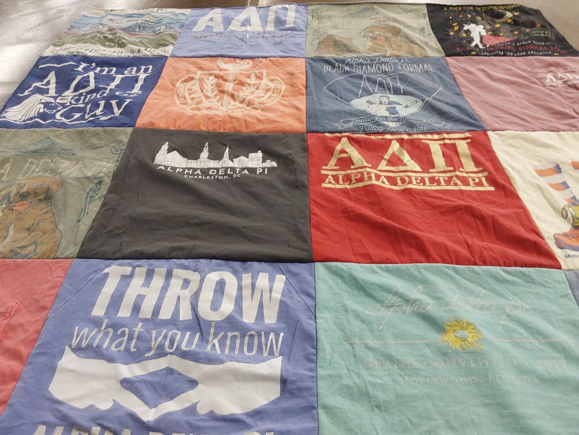 T-shirt quilt with sororities, sisterhood themes by Katie from SC