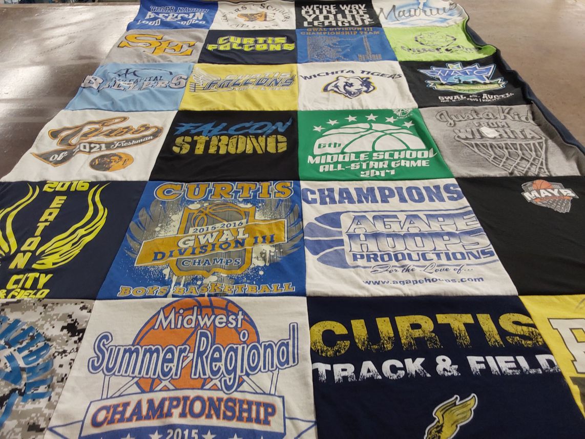 T-shirt quilt featuring curtis track and field, wichita tigers by Sue from KS
