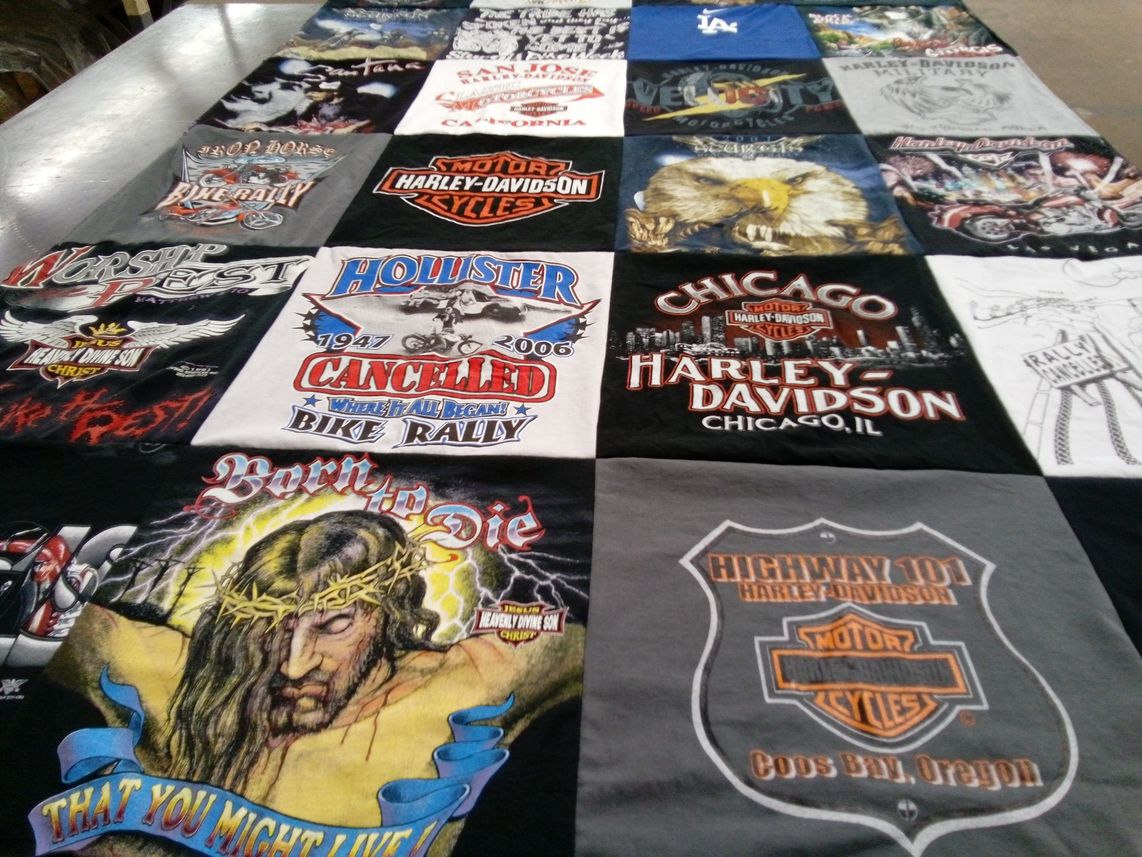 T-shirt quilt with motorcycles, biking themes by Tori from OR