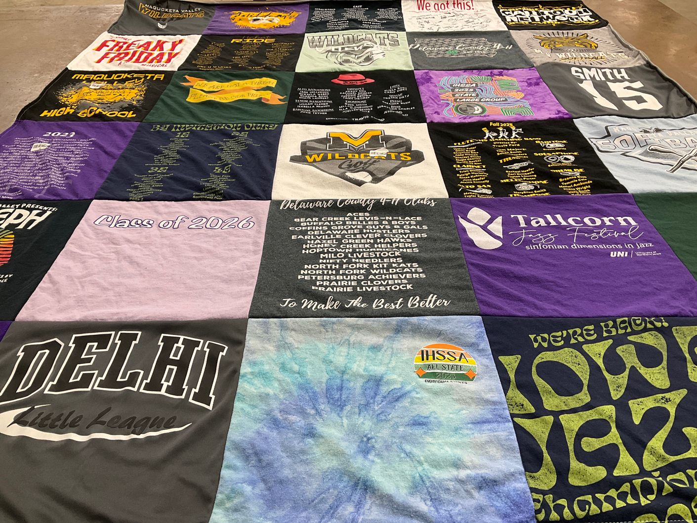T-shirt quilt featuring north high school wildcats, delhi little league by Lisa from IA