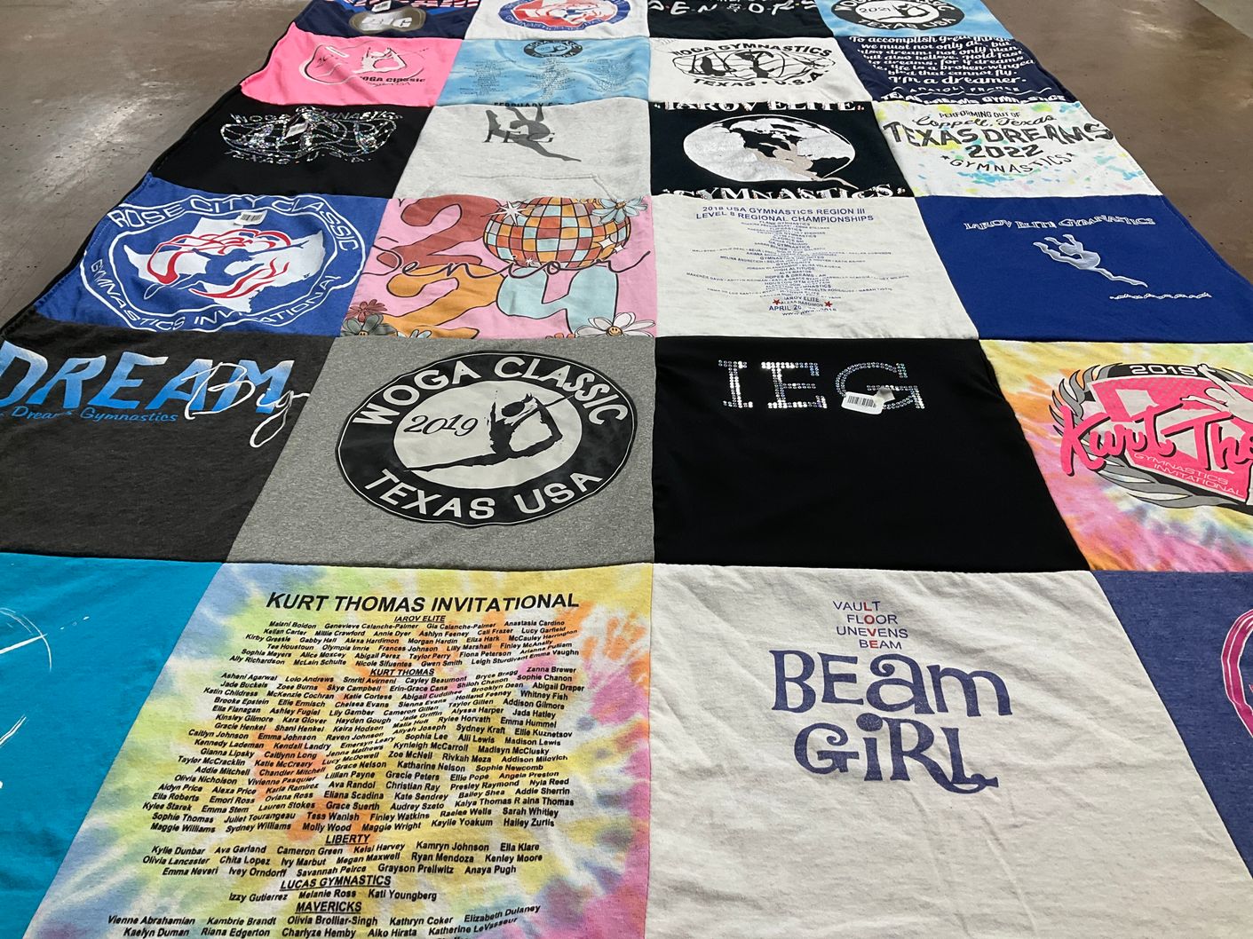 T-shirt quilt with gymnastics themes by Leia from TX