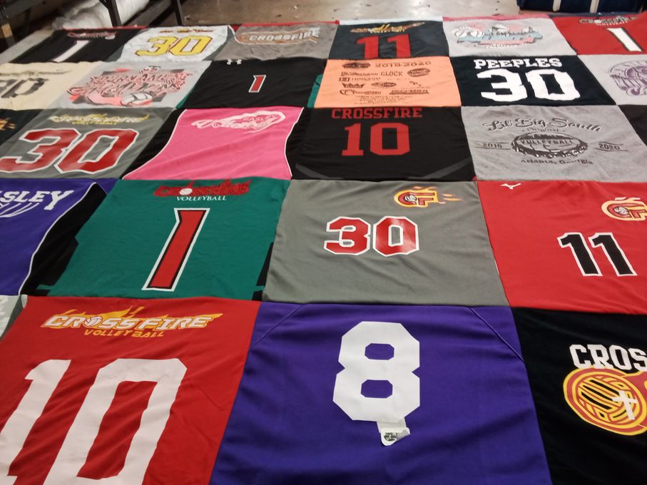 T-shirt quilt with volleyball themes by Jeanne from SC