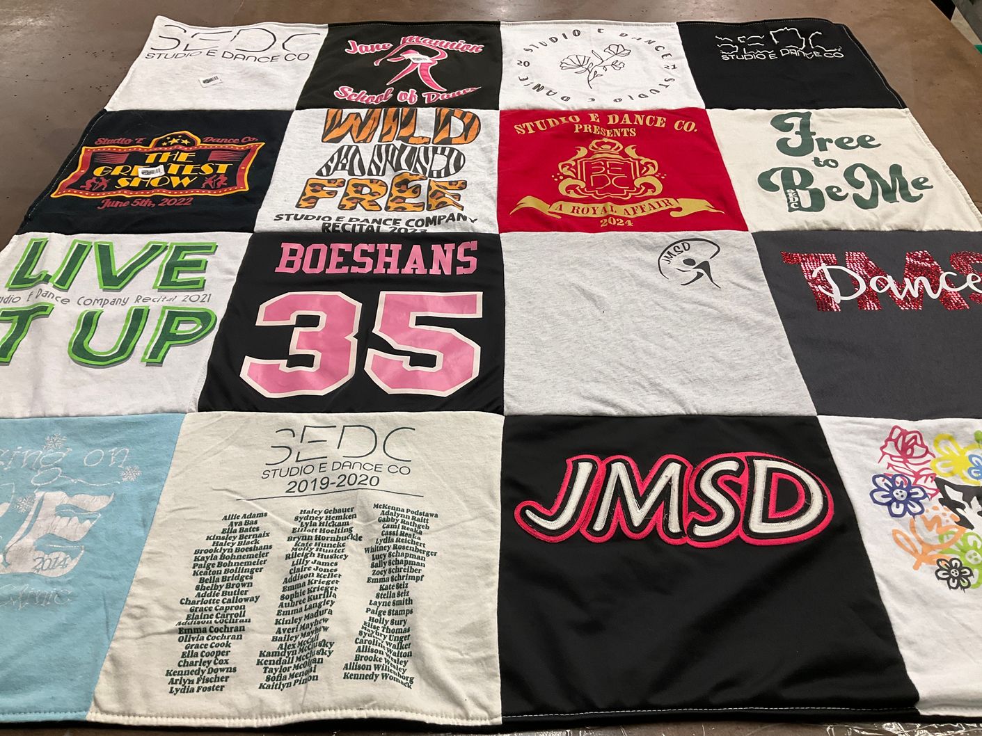 T-shirt quilt with dance, performance themes by Jackie from IL
