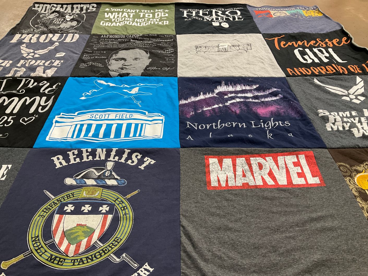 T-shirt quilt with air force, harry potter themes by Jill from MN