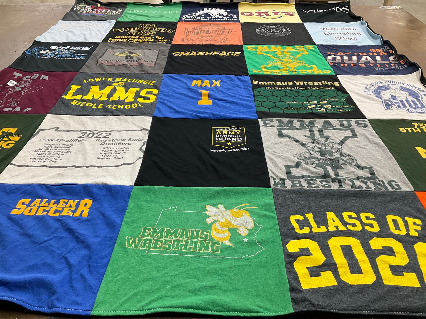 T-shirt quilt featuring emmaus wrestling, allen soccer by Laura from PA