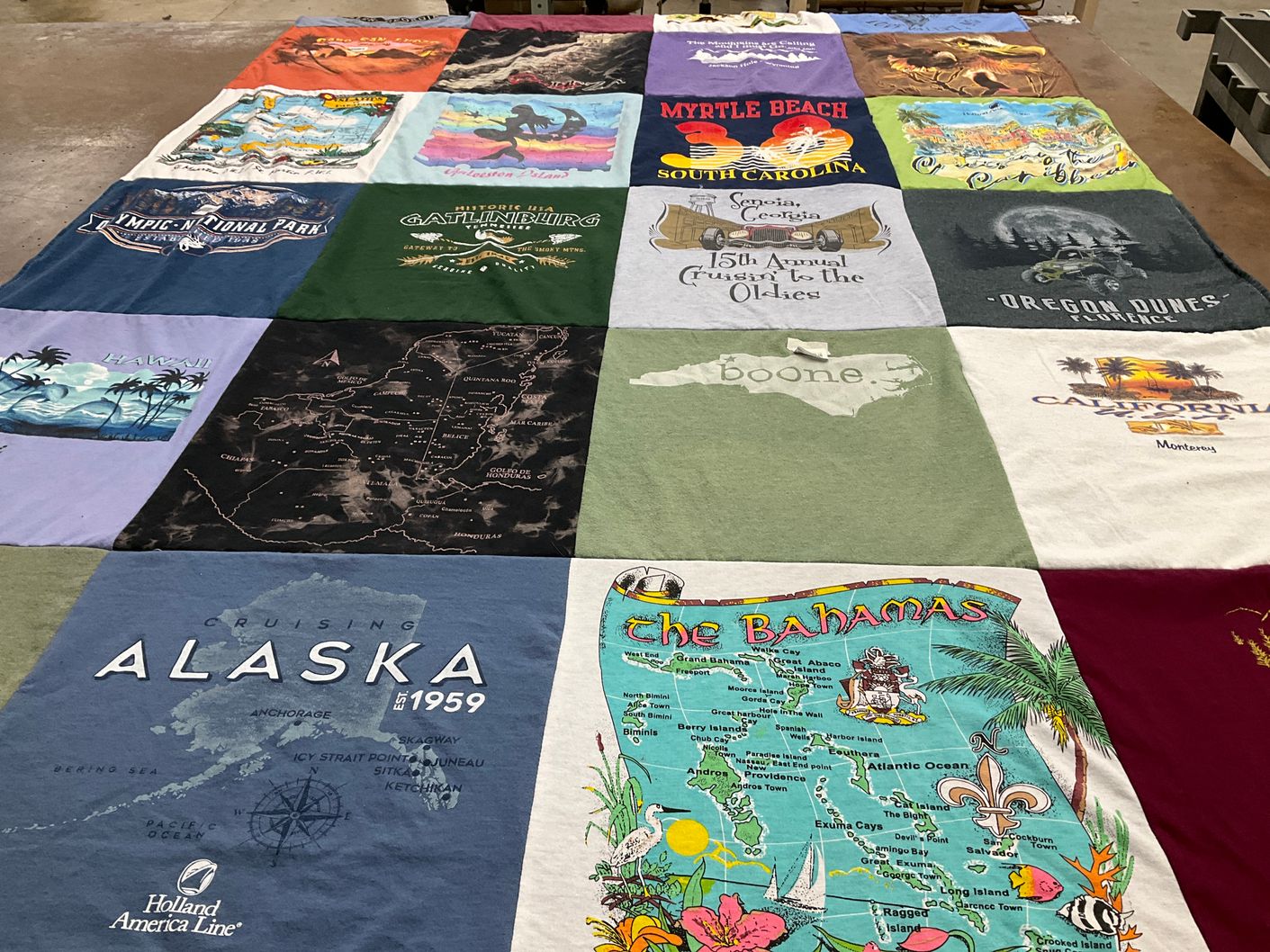T-shirt quilt with travel, nature themes by Melody from CA