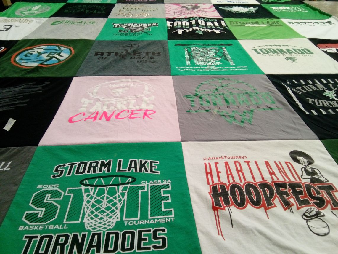 T-shirt quilt featuring storm lake tornadoes basketball, storm lake tornadoes football by Maggie from IA